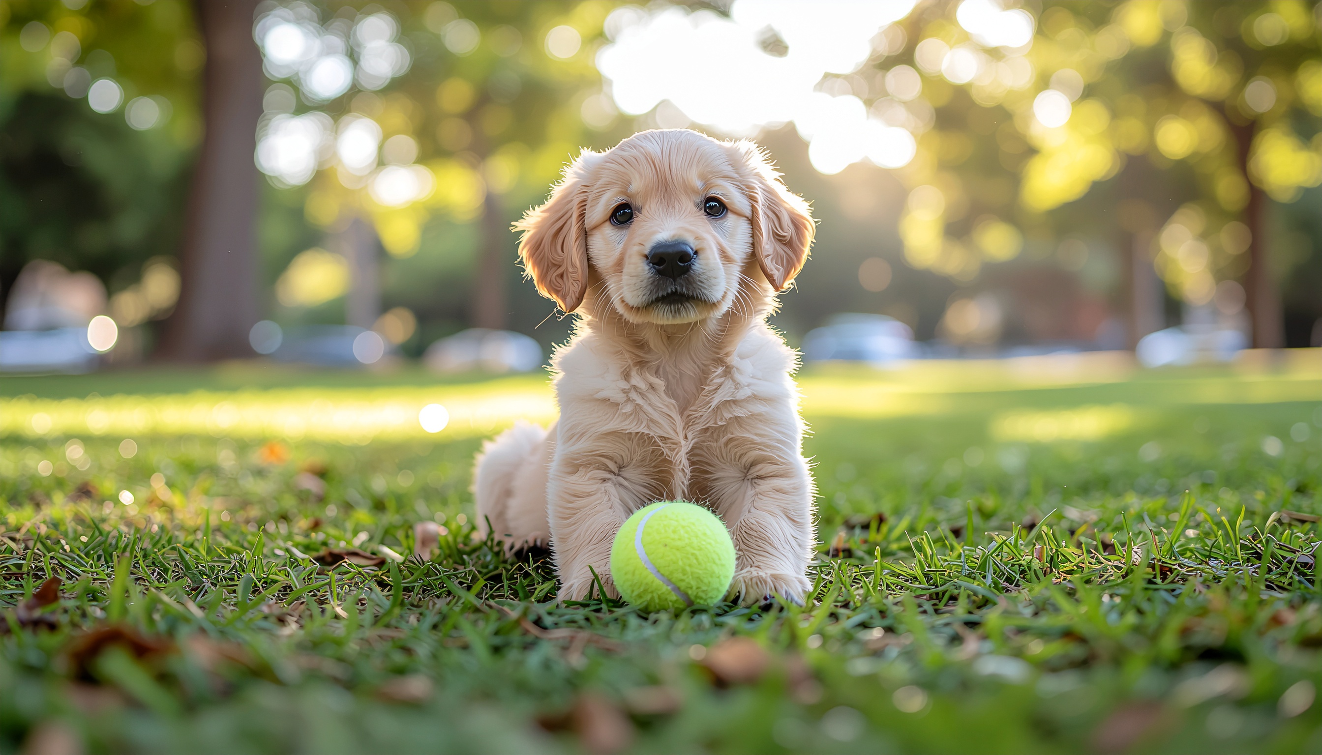 Filhote de cachorro deitado em grama verde com bola de tênis, cercado por árvores, iluminado pela luz suave do sol em um parque, criando uma atmosfera tranquila e alegre.